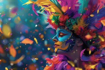Homem com máscara de carnaval com fundo colorido, exaltando todas as cores do carnaval brasileiro e veneziano - obrazy, fototapety, plakaty