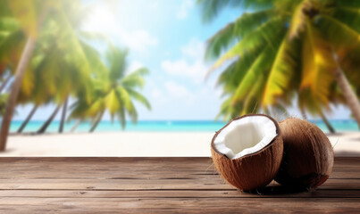 Broken coconut on a wooden table on a backdrop of beach palm trees and azure sea panorama with space for your product