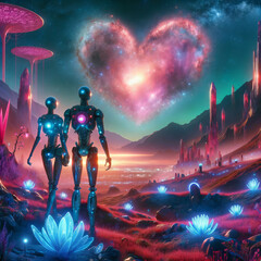 Robot romance in an alien world with a glowing heart sky