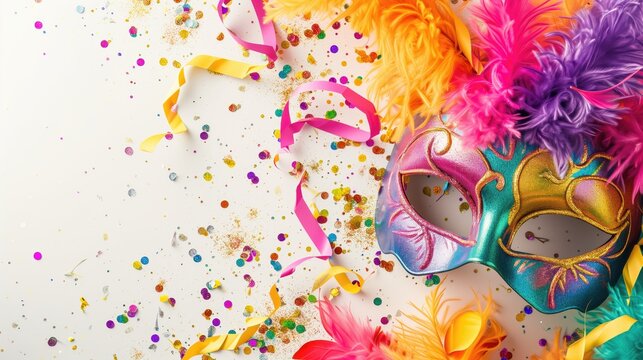 Fundo fotogr&aacute;fico de carnaval com muito confete colorido e m&aacute;scara
