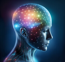 Obraz premium Futuristic humanoid head with colorful neural network. Artificial intelligence. Technology concept.