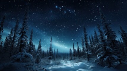 Fototapeta na wymiar the view of looking up at the night sky in the boreal forest during winter, a composition in a minimalist style, capturing the serene beauty of the natural surroundings and the celestial display.