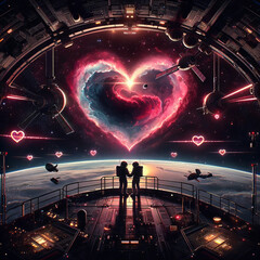Sci-fi romance with a celestial heart backdrop in orbit