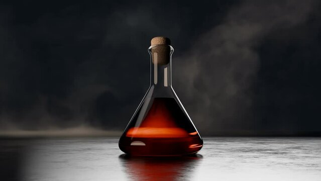 Elegant Glass Flask with Red Liquid on Dark Background