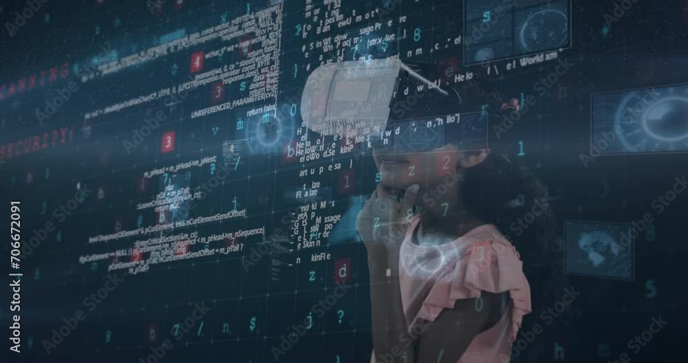 Poster animation of security warning text and data processing over biracial girl in vr headset
