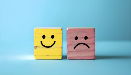 Smile face and sad face on wooden block cubes for positive mindset selection concept