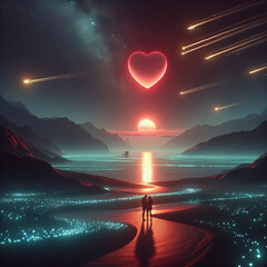 Couple under a heart-shaped aurora at sunset