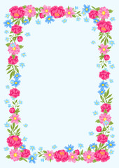 Frame with pretty flowers. Beautiful decorative natural plants and leaves.