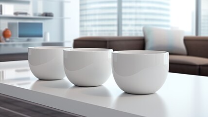 Fototapeta na wymiar white ceramic teacups with lids, specifically designed for office use, the sleek design and functionality of these conference room teacups, emphasizing their suitability for domestic sales.