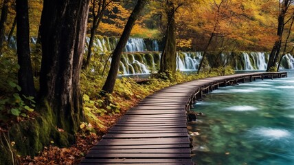 Beautiful wooden path trail waterfall landscape wallpaper AI Generated Image