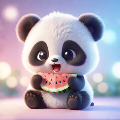 Cute little fluffy panda eating watermelon.  Adorable panda with watermelon. 