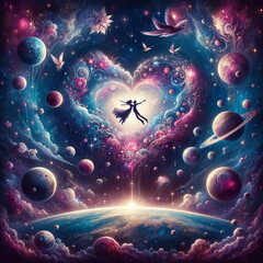 Two figures embrace in zero gravity, surrounded by celestial beauty