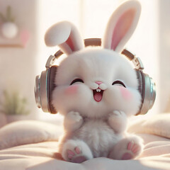 Cute little fluffy bunny wearing headphones.  Adorable bunny listening to music.