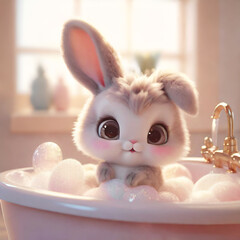 Cute little fluffy bunny taking a bath.  Adorable bunny sitting in a bathtub full of foam.