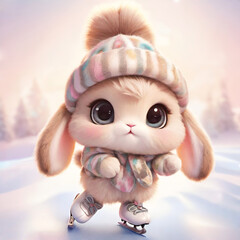 Cute little fluffy bunny ice skating.  Adorable bunny wearing a winter hat and scarf.