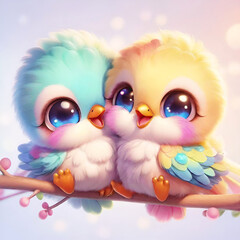 Two  cute colorful lovebirds sitting on a branch