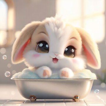 Cute little fluffy bunny taking a bath.  Adorable bunny sitting in a bathtub full of foam.