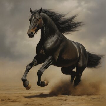 Beautiful wild animal black racing horse running elegant pictures
