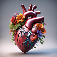 Floral human heart. Health concept. 3d model of heart with flowers. 