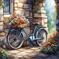 Watercolor painting of a bicycle with flowers in a basket.