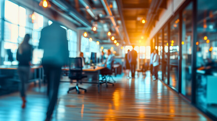 A vibrant business office: blurred figures in casual wear evoke productivity and collaboration, blending modernity with teamwork in a dynamic setting.