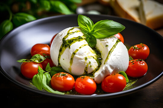 Burrata cheese with fresh basil and cherry tomatoes, selective focus, delicous food -