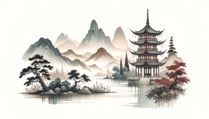 Traditional Chinese Ink Painting Landscape background picture with Pagoda, Misty Mountains, Serene Lake, and Autumn Foliage.