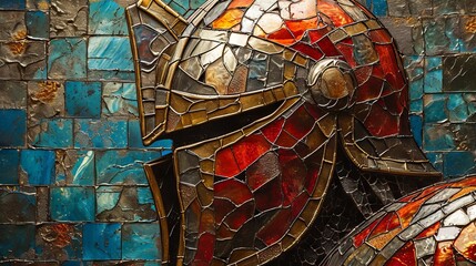 Stained glass image of helmet and abstract background.