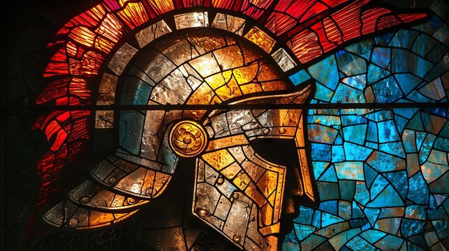 Stained glass image of helmet and abstract background.