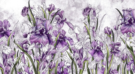 Irises painted in watercolor on a textured background, a pattern in light pink tones, photo wallpaper in the interior.