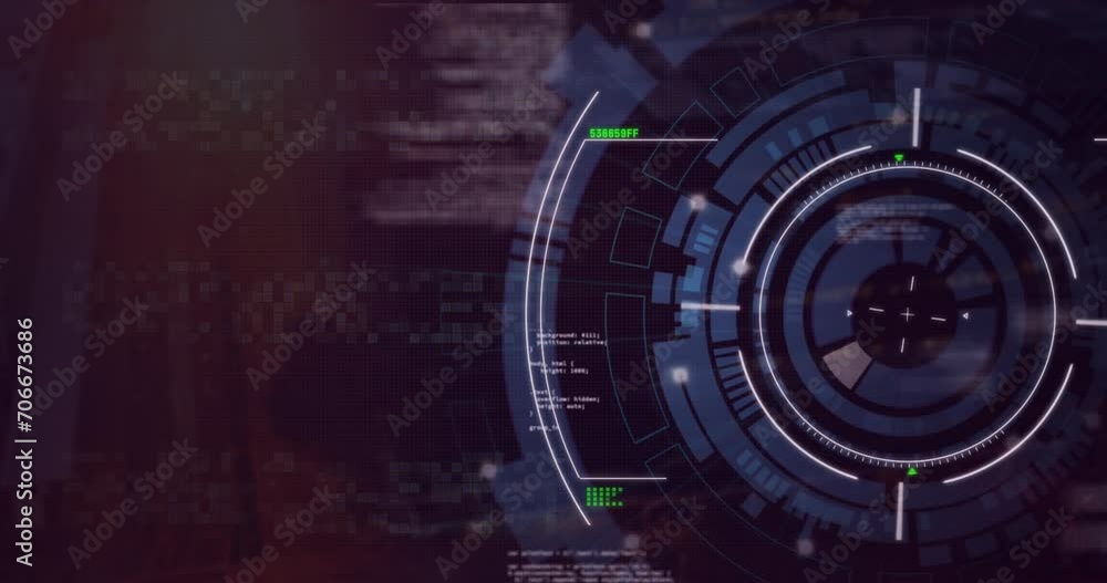 Poster animation of circular blue and white scanner and data processing on black background