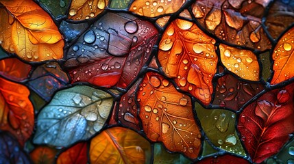 Stained glass window background with colorful leaf and water drops abstract.	 - obrazy, fototapety, plakaty