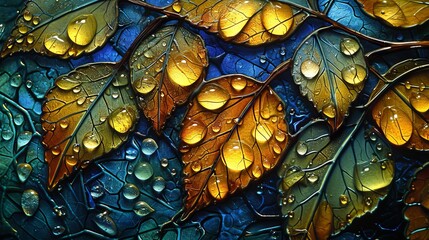 Stained glass window background with colorful leaf and water drops abstract.	