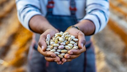 Freshly Harvested Beans in Farmer's Hand - obrazy, fototapety, plakaty