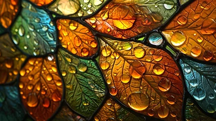 Papier Peint photo Lavable Coloré Stained glass window background with colorful leaf and water drops abstract. 