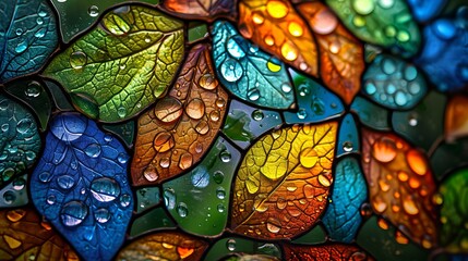 Stained glass window background with colorful leaf and water drops abstract. 