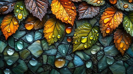 Stained glass window background with colorful leaf and water drops abstract.	