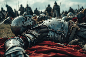 Bodies of medieval knights lying on battlefield - obrazy, fototapety, plakaty