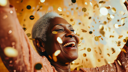 Happy elderly black african american woman celebrating and dancing at a party disco surrounded by gold confetti