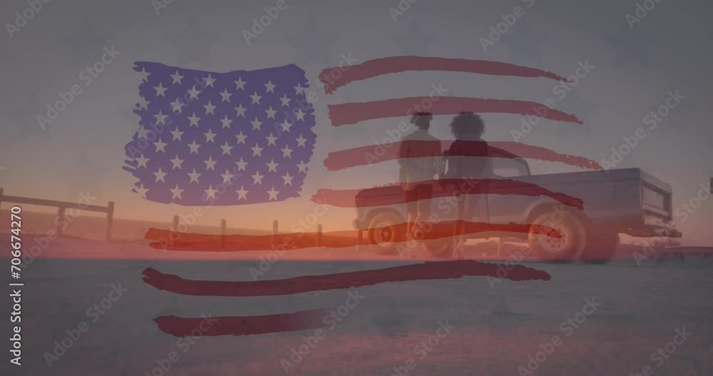 Canvas Prints Animation of flag of america over happy diverse couple running to truck on beach at sunset