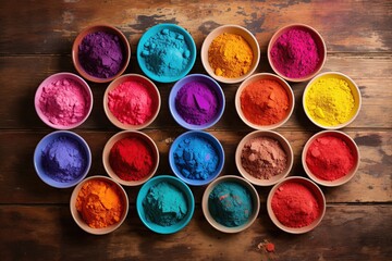 Colorful holi powder in bowls on wooden background