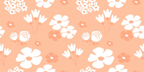 Seamless pattern with floral monochrome print. Silhouettes of abstract blooms on a peach background. Vector graphics.