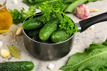 Saucepan with fresh cucumbers for preservation on grunge background