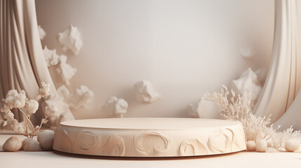 Realistic 3D rendering of background for product overlay. Close-up of an empty wooden podium for goods. Pastel, beige colors concept background. Layout, Podium