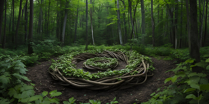Uma fotografia de uma intervenção na terra ou instalação de arte na paisagem, onde materiais naturais são dispostos, enfatizando a conexão entre arte e meio ambiente.