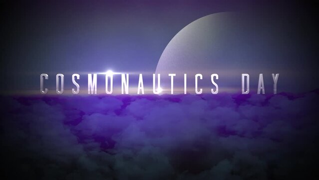 A vibrant image showcasing the words Cosmonautics Day in a futuristic font against a backdrop of purple and blue clouds and stars