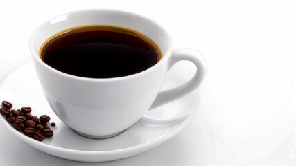 Cup of coffee isolated on white background, with copy space. Hot coffee drink with coffee beans