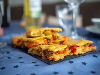 Variegated scallop pie. Traditional Galician food. Empanada de Zamburiñas