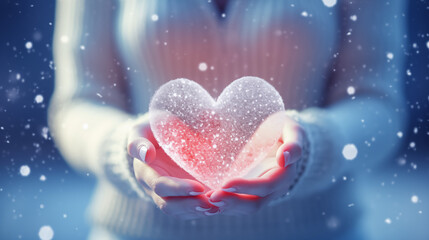 Winter snow christmas Valentine background greeting card - Closeup of woman with gloves holding a heart in her hands, defocused blurred background with snowflakes