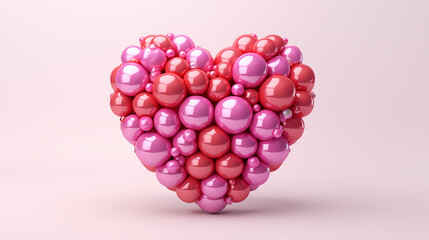 Fototapeta na wymiar Multicolored Sphere Love Heart. Pink, Red Glass and Red Metallic Spheres arranged in a heart shape. 3D Render
